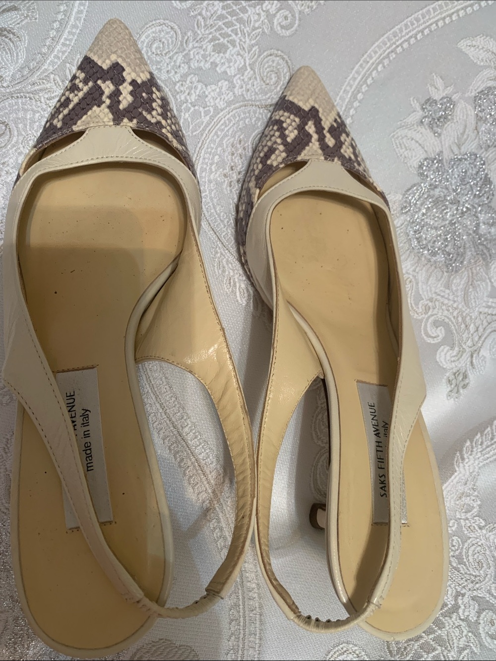 Saks Fifth Avenue Cream Pointed Slingback Mules with Snake-Print Toe